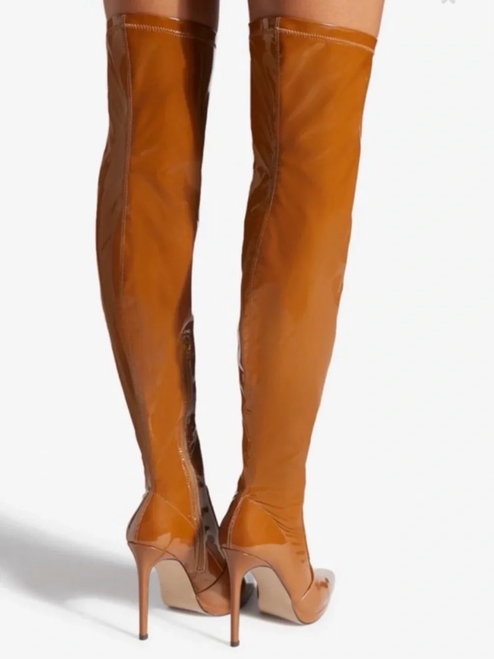 Shoe Dazzle Lekisha Tan /camel, Patent faux leather Thigh High Boots 6 NWOT